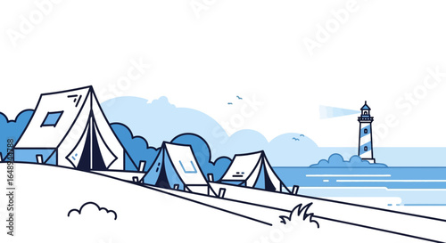 Coastal Campground Scene With Lighthouse In Distant Blue Vector Illustration