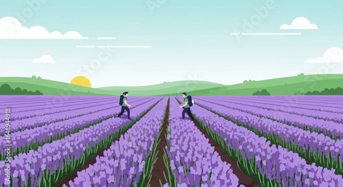Couple Exploring Blooming Lavender Field Under Sunny Sky In Serene Rural Landscape
