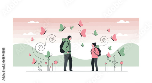 Couple Exploring Nature With Butterflies Illustration For Adventure Stock Image