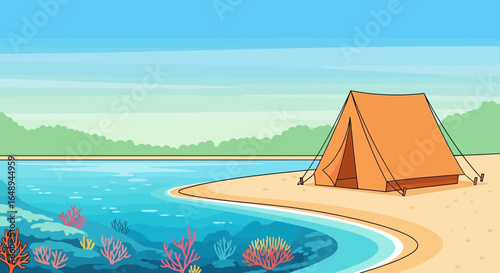 Coastal Camping Scenery With Tent At Beach And Underwater Reefs View
