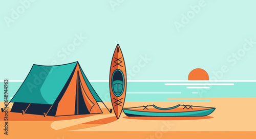 Coastal Camping With Kayaks On The Beach Near The Sea At Sunset
