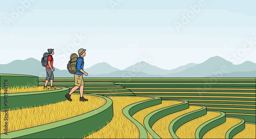 Couple Exploring Rice Terraces During Scenic Hike In Southeast Asia Landscape