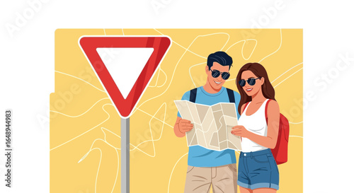 Couple Exploring New Destination With Map And Yield Sign On Yellow Background