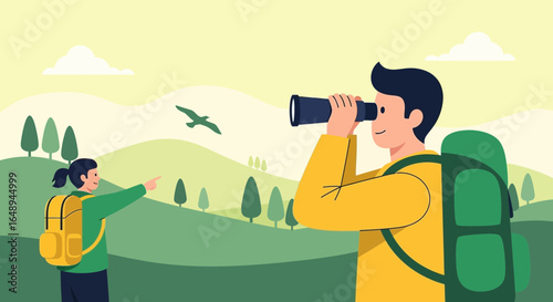 Couple Exploring The Landscape With Binoculars And Backpacks On Hiking Trip