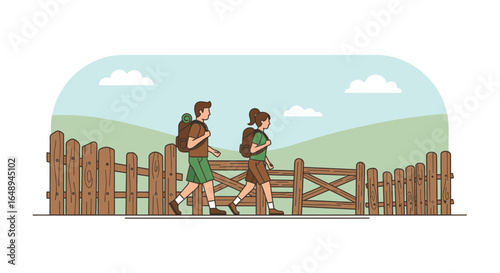 Couple hiking in nature enjoying the scenery and fresh air on a sunny day adventure
