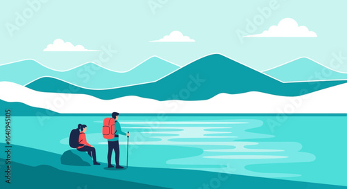 Couple Hiking In Nature With Backpacks Enjoying Mountain Lake Scenery