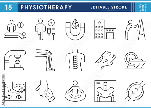 A set of line icons related to Physiotherapy. Physical, therapy, fish, bones, chiropractic, and so on. Vector editable stroke.