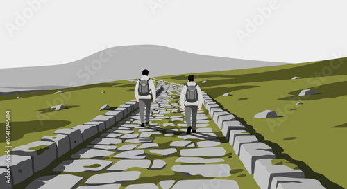 Couple Hiking Along A Picturesque Stone Path In Verdant Countryside Landscape