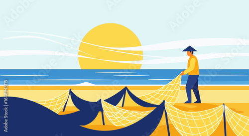 Coastal Fisherman Setting Up Nets at Sunrise on the Sandy Shoreline