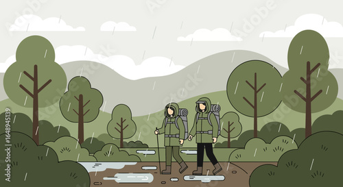 Couple Hiking In The Forest During Rainy Weather Carrying Backpacks Together