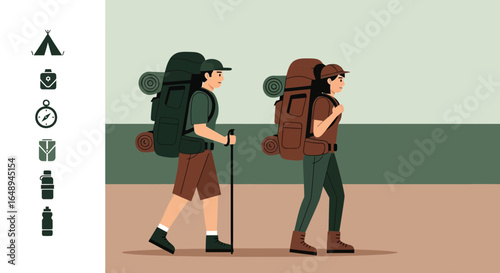 Couple Hiking On Adventure Trip With Backpacks And Walking Stick Illustration