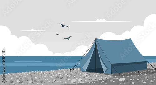 Coastal Getaway Featuring Tent on Shoreline Peaceful Beachside Camping Scene
