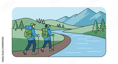 Couple Hiking Near A River Surrounded By Nature And Mountains Illustration