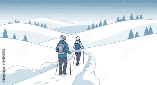 Couple Hiking On Snowy Trail In Winter Landscape Illustration Graphic