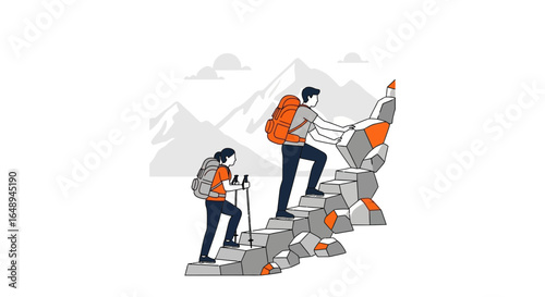 Couple Hiking Rocky Mountain Trail together for Adventure and Exploration