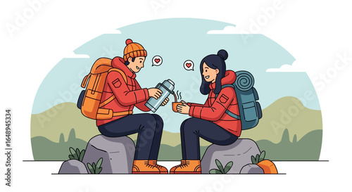 Couple Hiking Together Enjoying Hot Drink In The Mountains During Trip