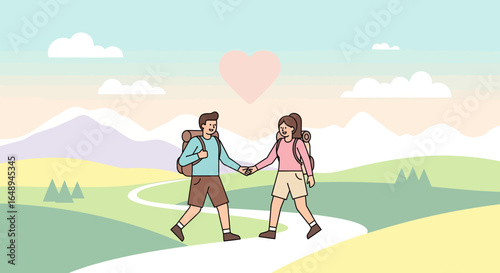 Couple Hiking Together In Mountains With Backpacks And Heart Symbol Above Them