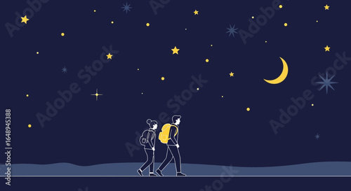 Couple Hiking Underneath a Starry Night Sky, Together They Explore the Outdoors