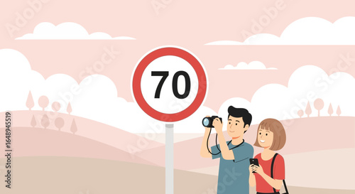 Couple On Road Trip Taking Photo At The Seventy Kilometers Speed Sign