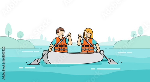 Couple Paddling Canoe on Lake Enjoying Peaceful Outing Together In Summertime