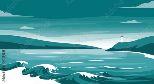 Coastal Serenity With Iconic Lighthouse Standing Tall on Green Hill Overlooking Calm Sea