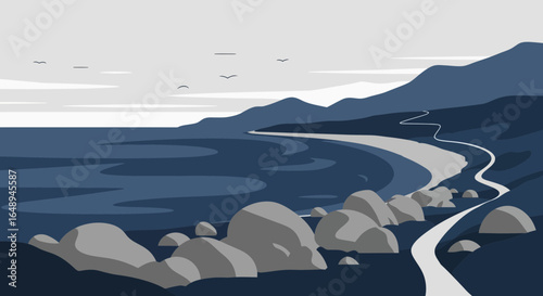 Coastal Serenity Winding Road Through Rocky Hills and Peaceful Waterscape