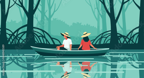 Couple Paddling Through Serene Mangrove Forest in Stylish Flat Vector Illustration
