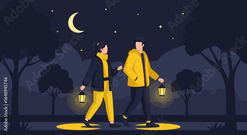 Couple Strolling Under Moonlight With Vintage Lanterns At Night Graphic Design