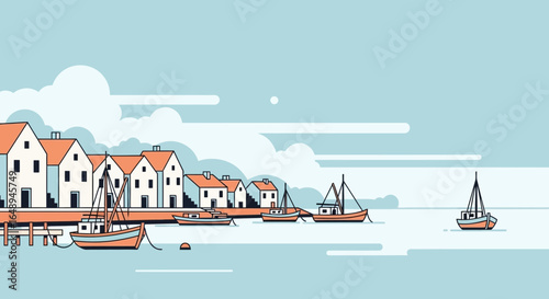 Coastal Village With Colorful Houses And Fishing Boats On Light Blue Sea Background
