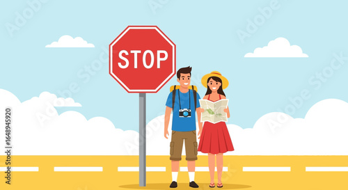 Couple Vacationers Near Stop Sign Enjoying Road Trip With Map And Camera