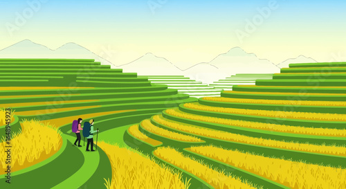 Couple Trekking Through Stunning Rice Terraces of Southeast Asian Countryside