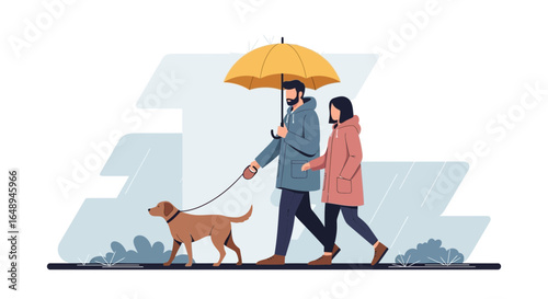 Couple Walks Dog Under Umbrella Vector Illustration in Autumn Season