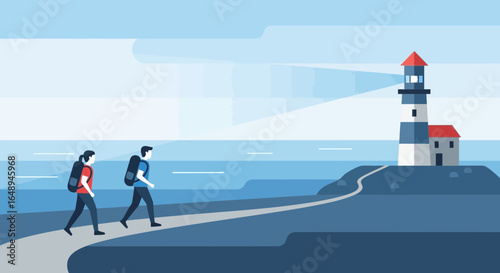 Couple With Backpacks Walking To Lighthouse On Coastline Vector Illustration
