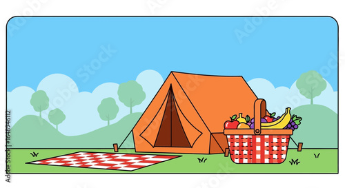 Colorful Camping Scene Illustration with Tent Fruit Basket and Picnic Blanket