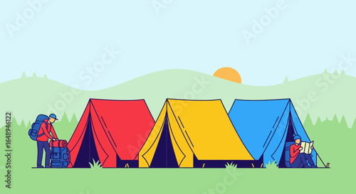 Colorful Camping Scene Depicting Outdoor Adventure And Peaceful Nature Escape