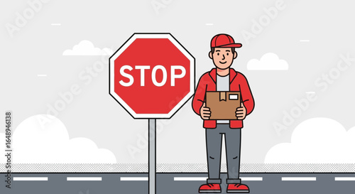 Courier Stopped For Traffic Control With A Package And Wearing Red Uniform