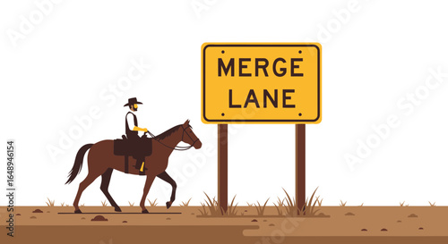 Cowboy Merging Lanes Horseback Riding By A Roadsign In Minimal Illustration