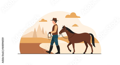 Cowboy Takes His Horse for a Walk in Nature On A Sunny Afternoon