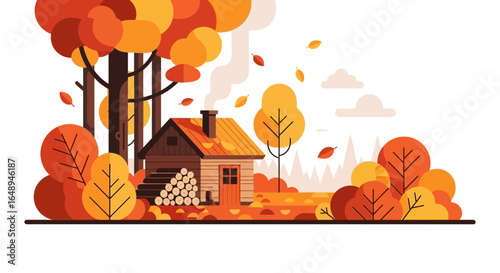 Cozy Autumn Cabin Retreat Amidst Colorful Forest Landscape Illustration