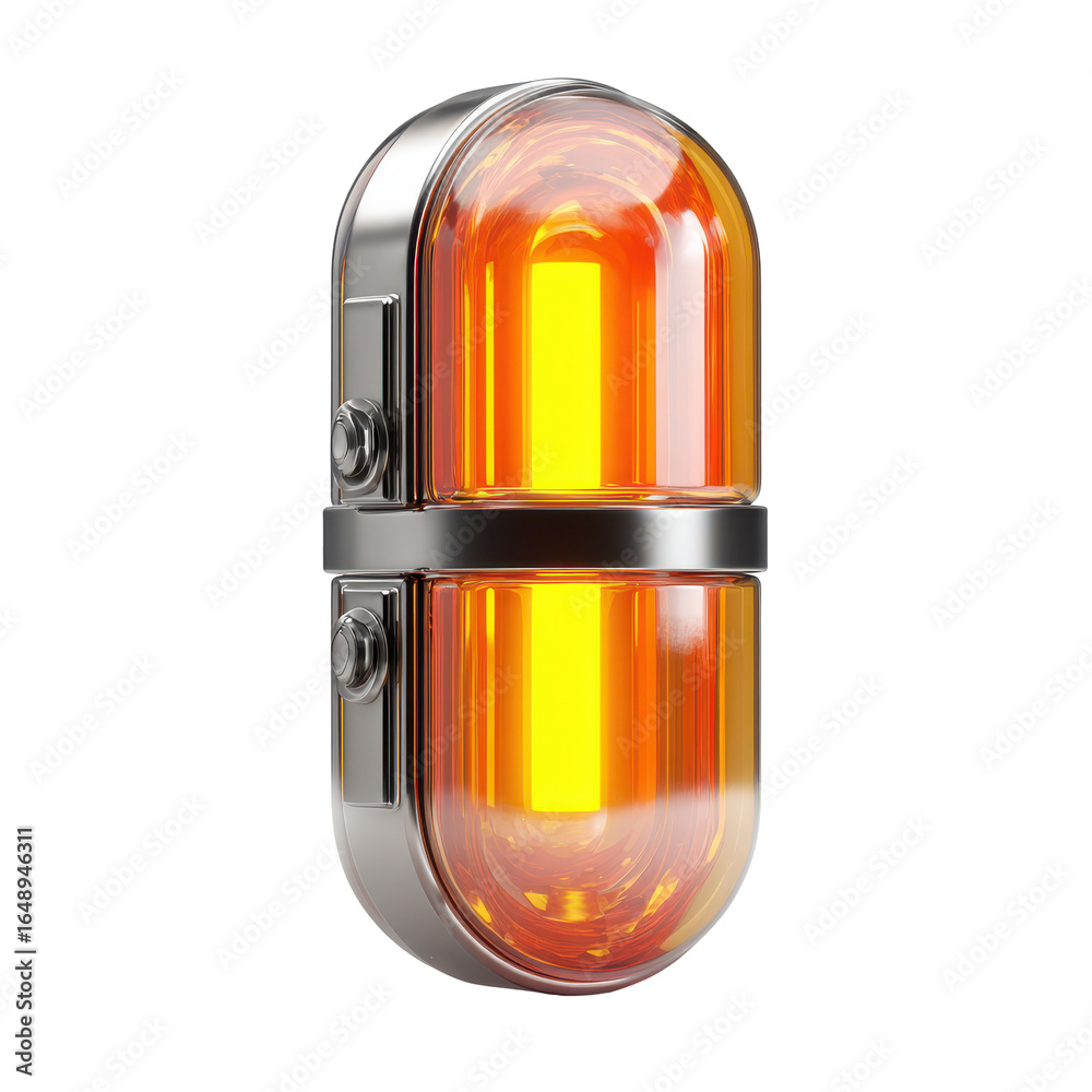 Fototapeta premium Futuristic capsule-shaped device with a transparent top, metallic orange base, and glowing blue core, isolated on transparent background