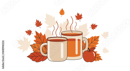 Cozy Autumn Still Life With Apple Cider And Fall Leaves Illustration