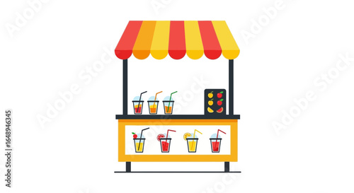 Colorful Fruit Juice Stand Offering Refreshing Beverages in a Cheerful Setting