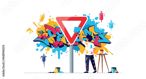 Colorful Graffiti Art Creation on Traffic Yield Sign With Creative Illustrator