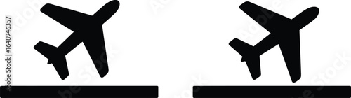 Plane Icon Black Landing Aircraft Symbol Silhouette on Transparent Background