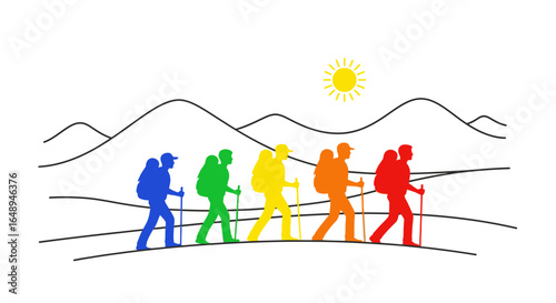 Colorful Hikers Exploring Mountains Together Under the Sunny Sky Vector Design