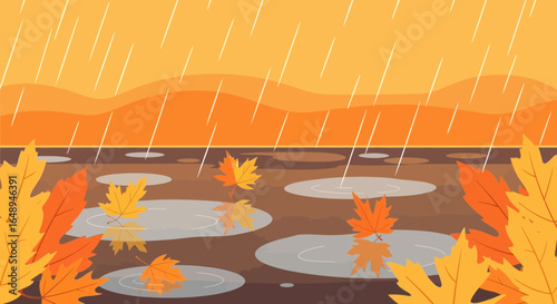 Cozy Autumnal Backdrop With Rain Puddles And Fallen Leaves Landscape
