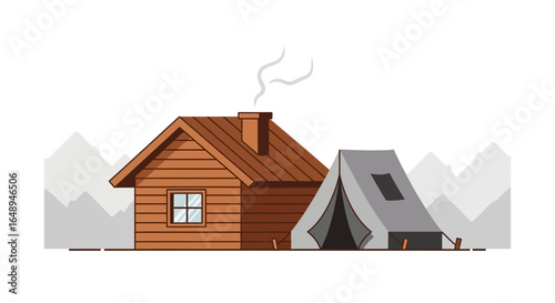 Cozy Cabin And Tent In Nature's Embrace Retreating From The Hustle