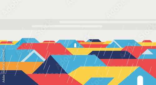 Colorful Rooftops Under Heavy Rain In A City Landscape Illustration