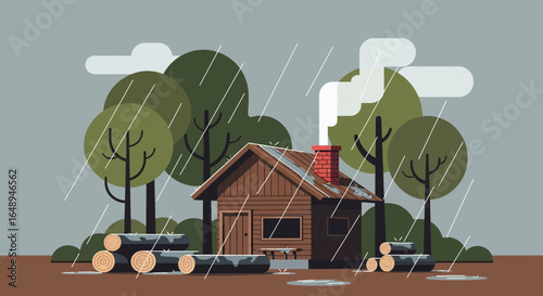 Cozy Cabin In The Woods On A Rainy Day With Smoke Coming From Chimney