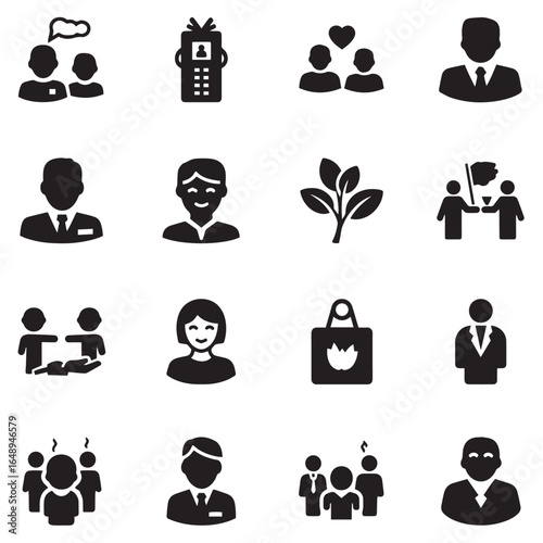 A diverse collection of black silhouette icons depicting people, business professionals, communication, teamwork, social interaction, and environmental themes.